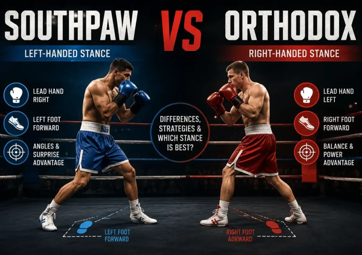 Two boxers face off, one in a southpaw stance (left-handed) and the other in an orthodox stance (right-handed), illustrating their differences.