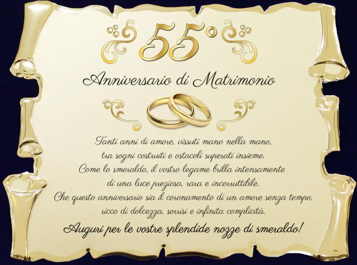 55 anni di matrimonio: nozze di smeraldo, un legame prezioso come la gemma, celebrato con amore e complicità.
