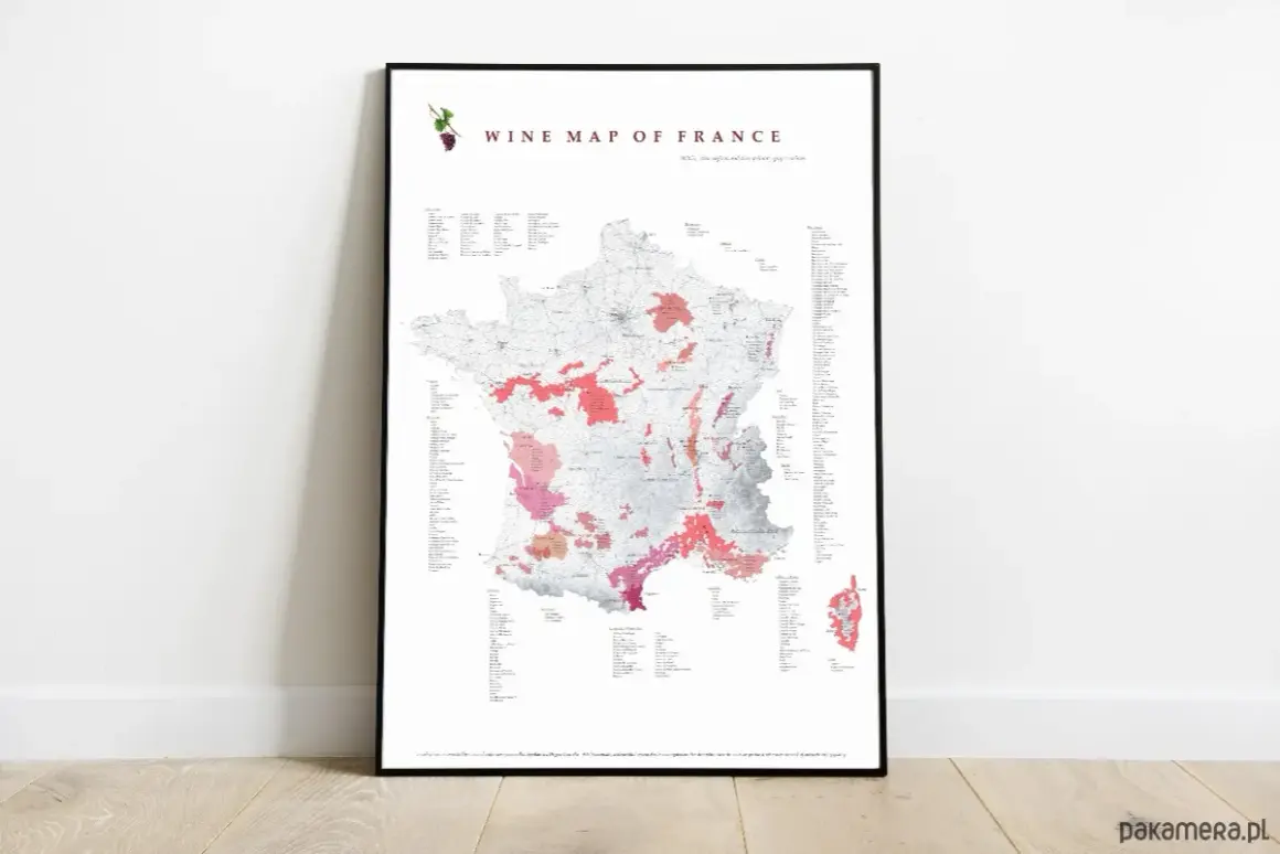 Mapa Francji z zaznaczonymi regionami winiarskimi. Odkryj bogactwo francuskich winnic i ich unikalne terroir.