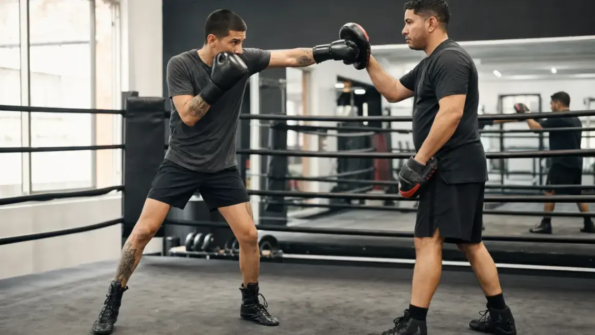 Two southpaw boxers train in a ring, one throwing a punch at a pad held by the other.