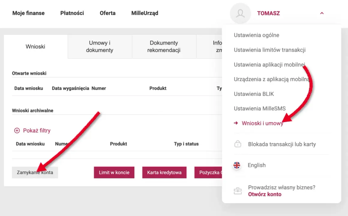 Menu użytkownika w bankowości internetowej, opcja "Wnioski i umowy" podświetlona. To miejsce, gdzie znajdziesz swój rachunek techniczny Millennium.