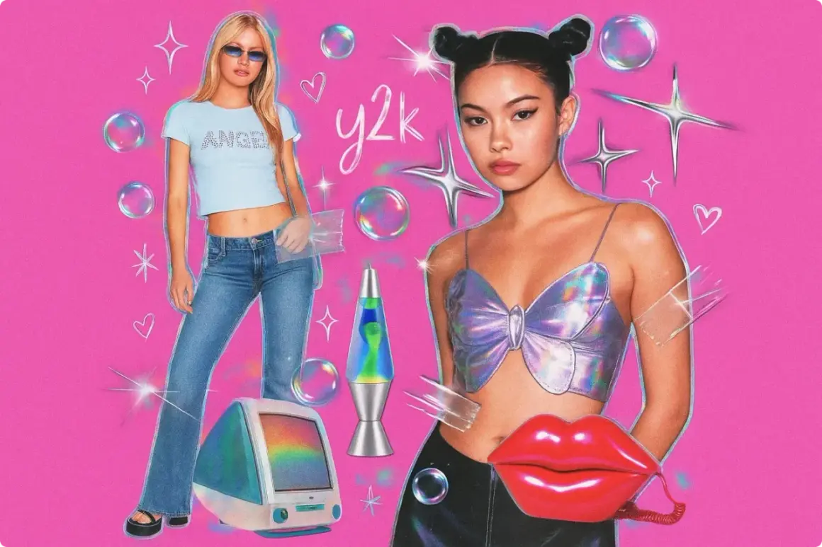 A vibrant y2k design collage featuring two young women, a lava lamp, a retro computer, and sparkly accents on a pink background.