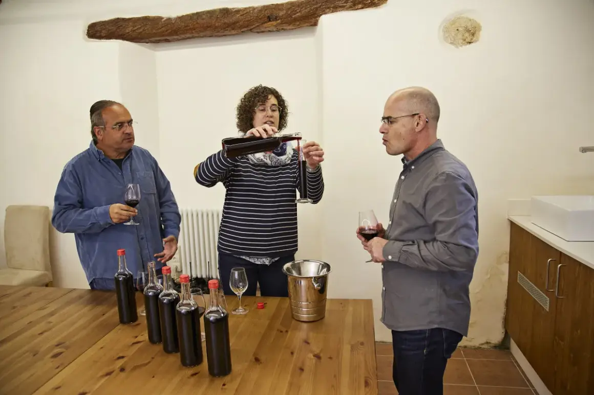 Weinprobe: Eine Frau gießt Wein ein, während zwei Männer zuschauen. Flaschen und Gläser stehen bereit für die assemblage wein.
