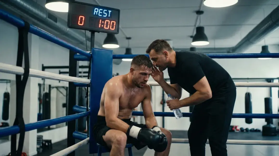 A boxer sits, exhausted, as his coach whispers advice during a boxing round. The scoreboard shows "REST 1:00".
