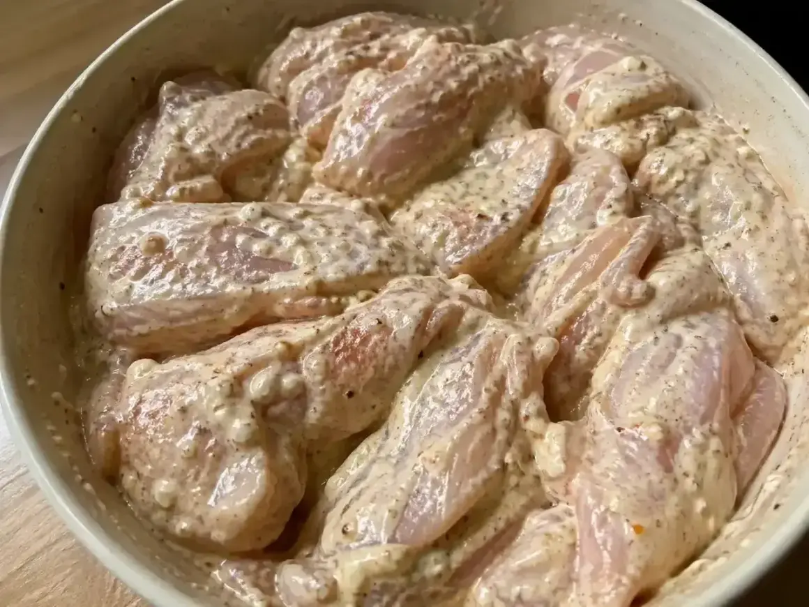 Råa kycklingbitar i en krämig marinad. Denna yoghurtmarinerade kyckling ser ut att bli otroligt saftig och smakrik.