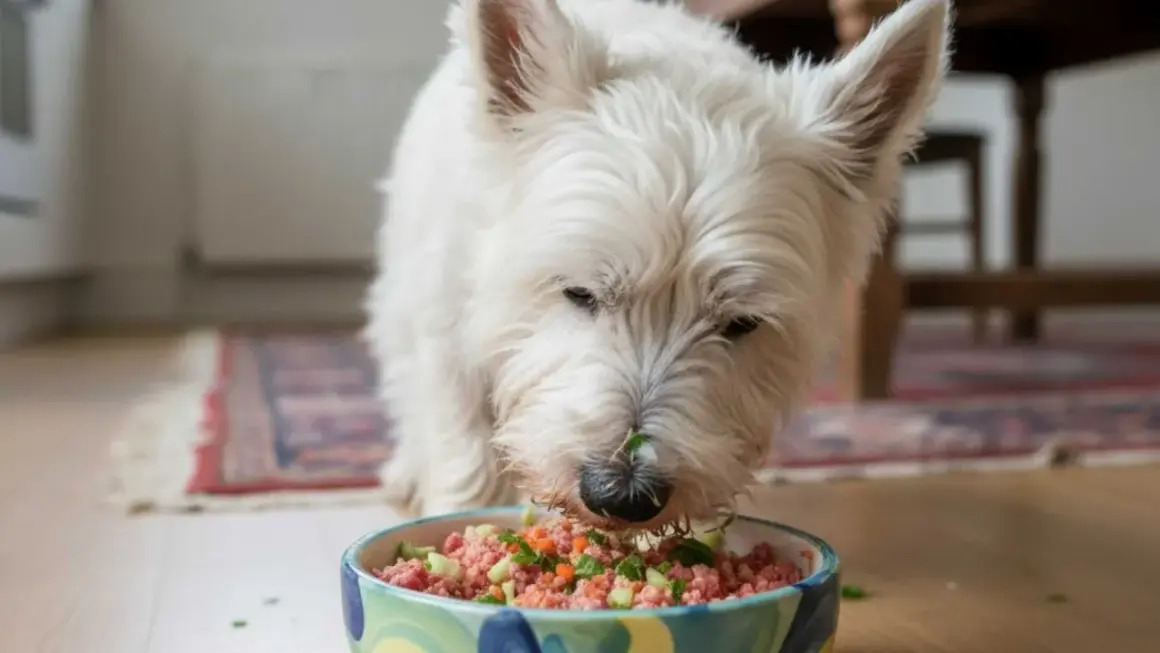 Perro blanco comiendo barf para perros con verduras picadas.