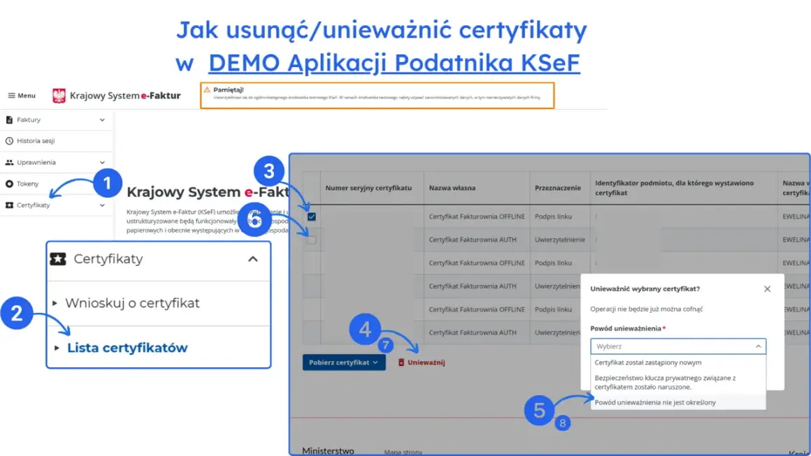 Unieważnianie certyfikatu w KSeF. Wybierz powód unieważnienia, np. "Certyfikat został zastąpiony nowym", aby skorzystać ze **skonto**.