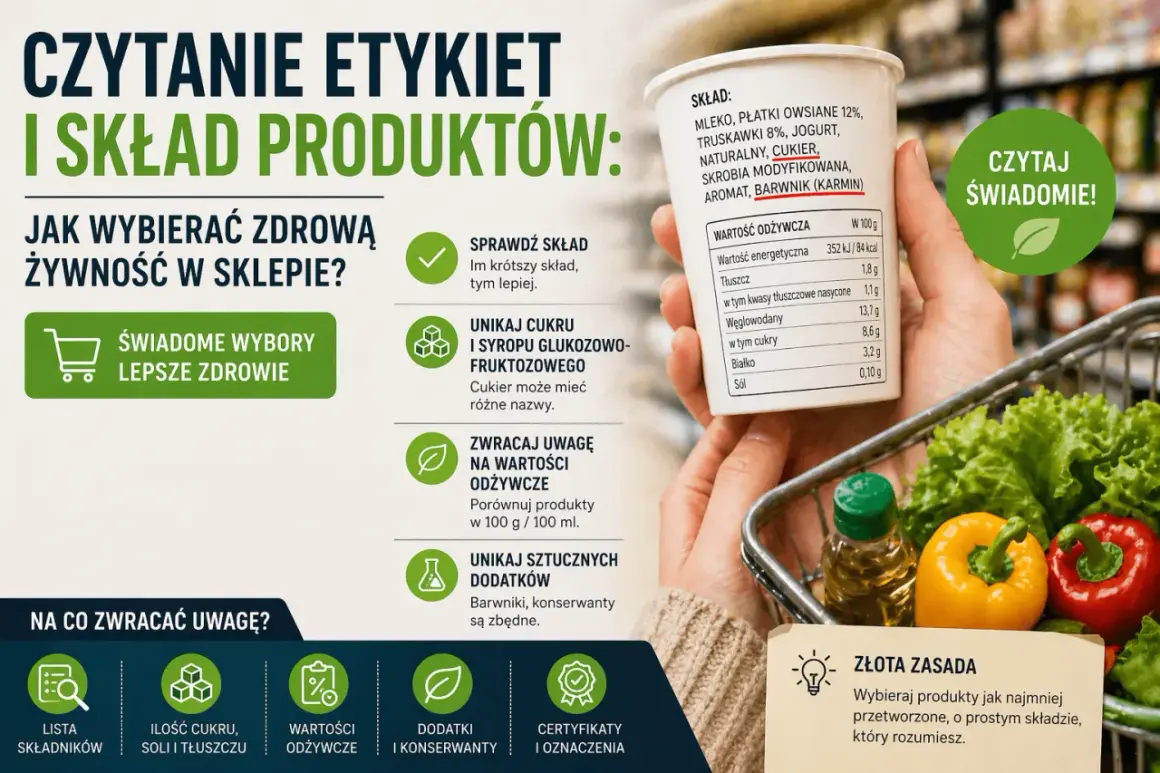 Dłoń trzymająca kubek z etykietą produktu, obok wózek sklepowy z warzywami.