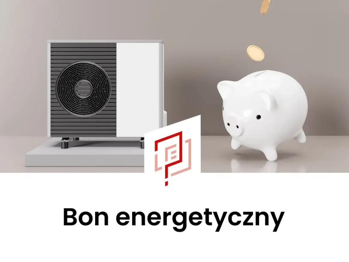Pompa ciepła i skarbonka z monetami symbolizują oszczędności. Bon energetyczny 2026 to szansa na tańsze ogrzewanie.