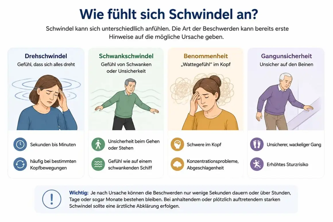 Illustrationen zeigen verschiedene Arten von Schwindel, wie Drehschwindel, Schwankschwindel, Benommenheit und Gangunsicherheit. Manche Menschen erleben Schwindel beim Husten.