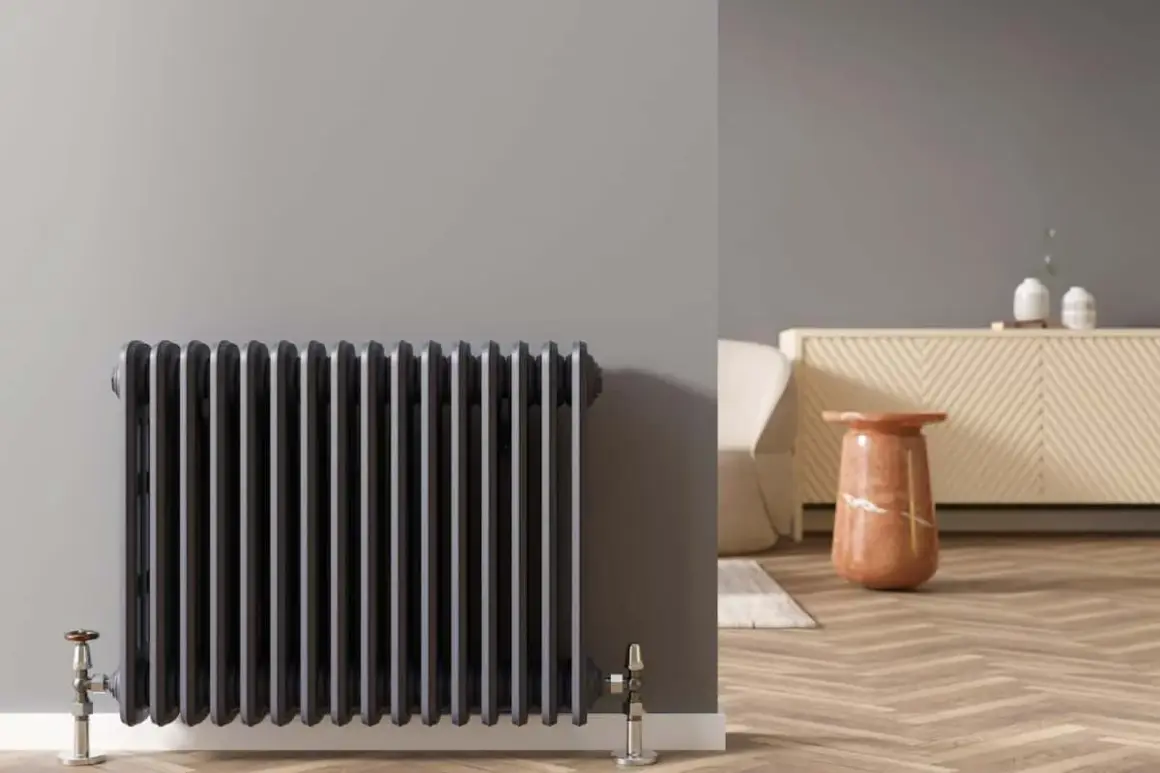 Radiateur en fonte gris foncé, un élément de chauffage performant, idéal pour une pompe à chaleur haute température.