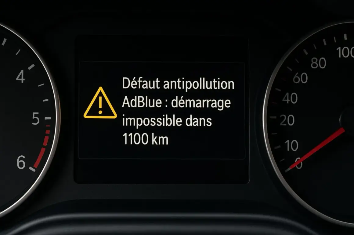 Défaut antipollution AdBlue : démarrage impossible dans 1100 km. Le tableau de bord affiche un avertissement de consommation du réactif AdBlue.