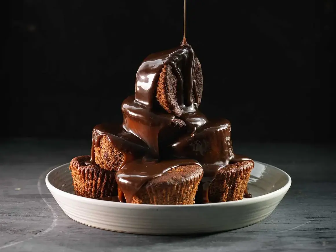 En stapel chokladiga muffins, överhällda med varm chokladsås. En härlig sticky toffee pudding-upplevelse.