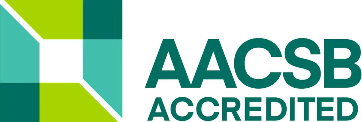 AACSB Akkreditierung: Siegel für exzellente Business Schools. Das Logo zeigt geometrische Formen in Grün- und Türkistönen sowie den Schriftzug "AACSB ACCREDITED".