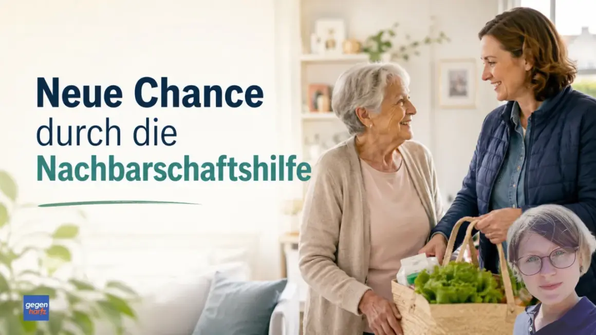 Zwei Frauen lächeln sich an, eine ältere Dame erhält Einkaufshilfe. Neue Chance durch Nachbarschaftshilfe, die den entlastungsbetrag nutzt.