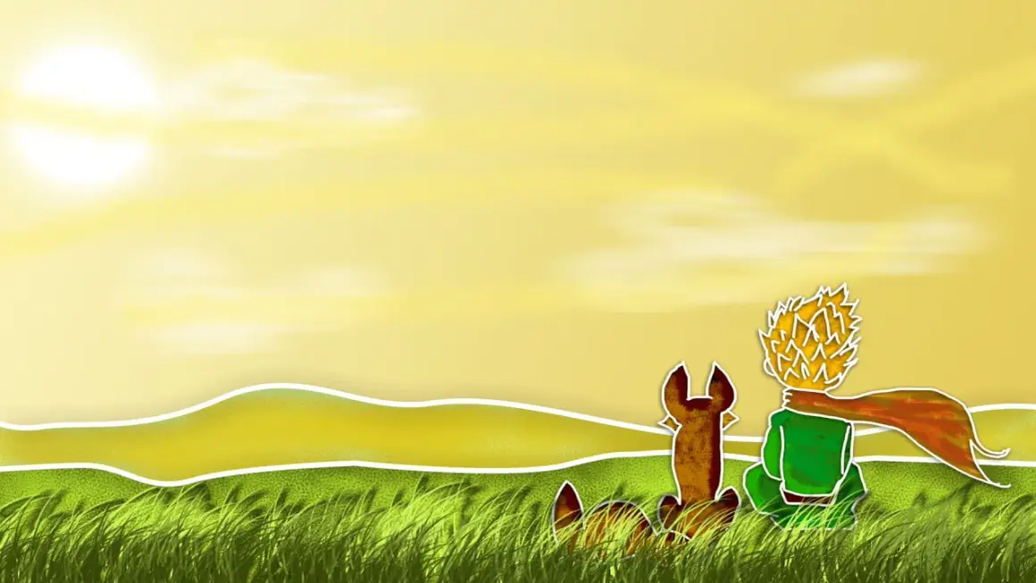 Le Petit Prince et son renard contemplent le soleil couchant. Une belle image pour une citation baptême petit prince.