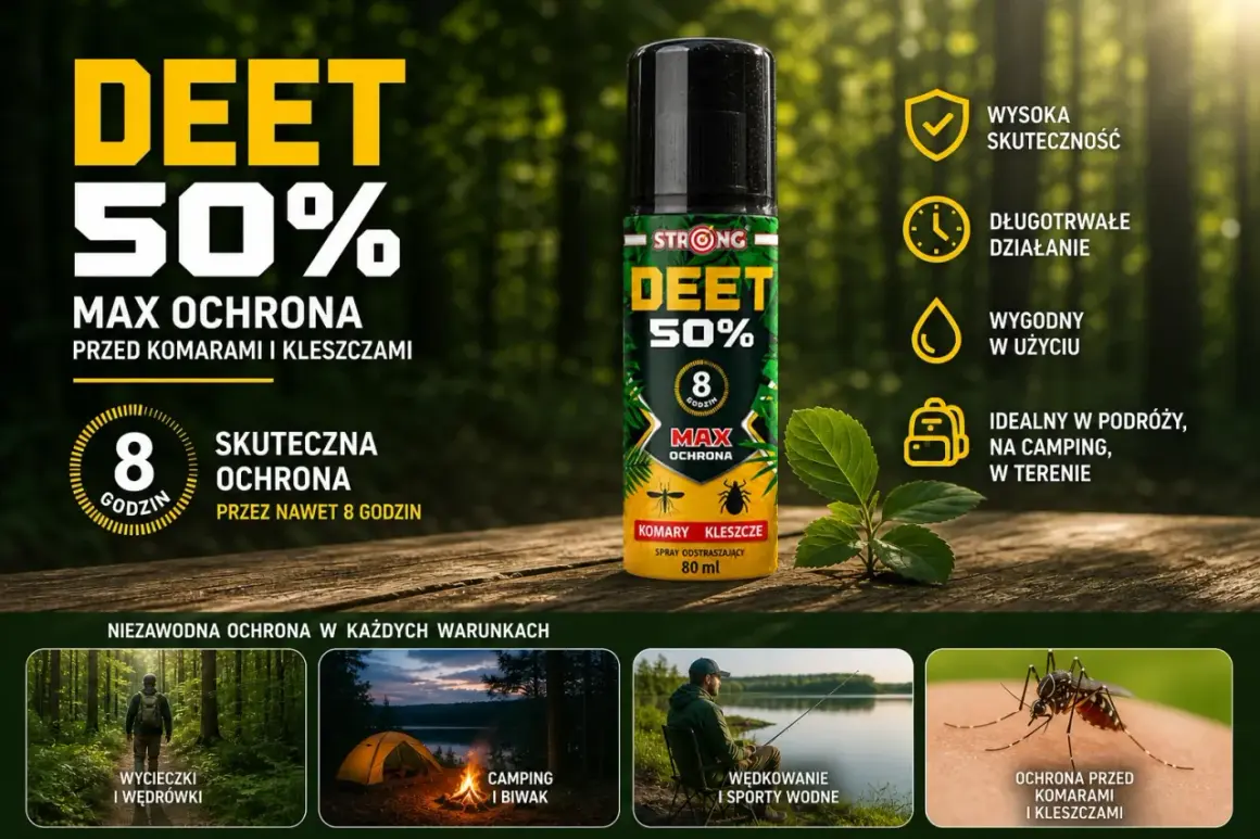 Spray DEET 50% to skuteczna ochrona przed komarami i kleszczami. Idealny na wycieczki, camping i wędkowanie.
