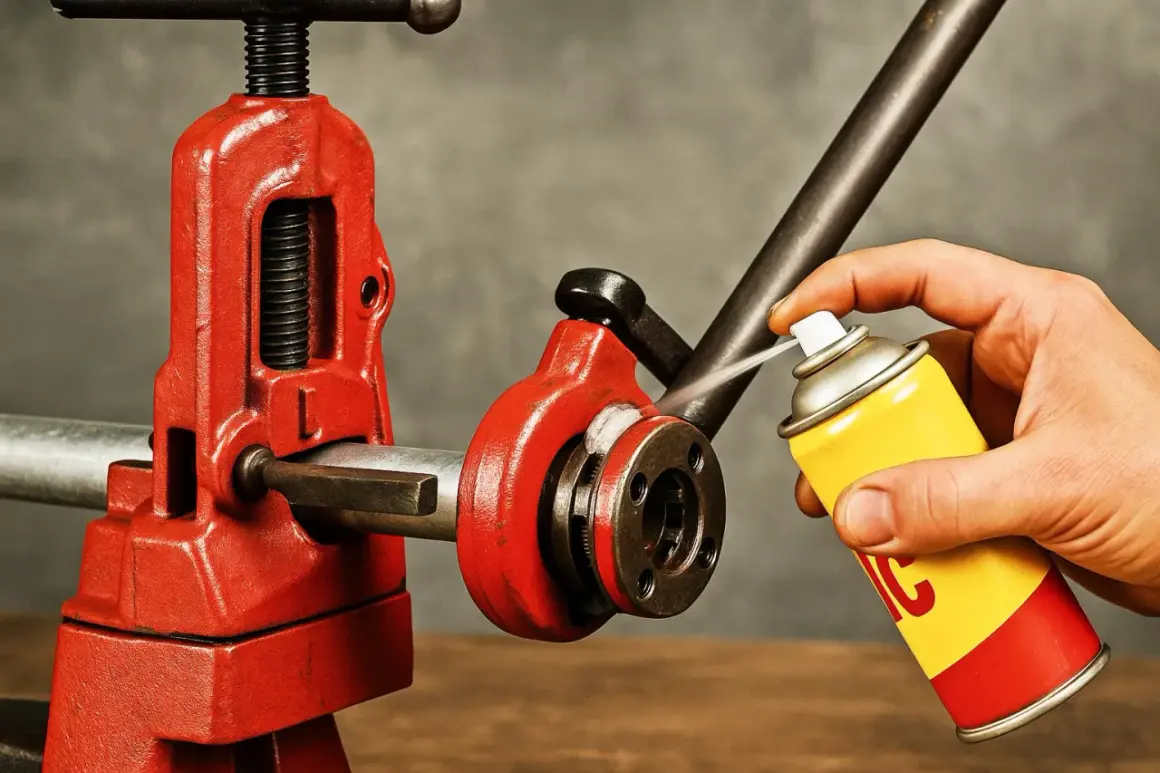 Preparazione per come unire due tubi di ferro: lubrificazione di una filettatrice per tubi con spray.