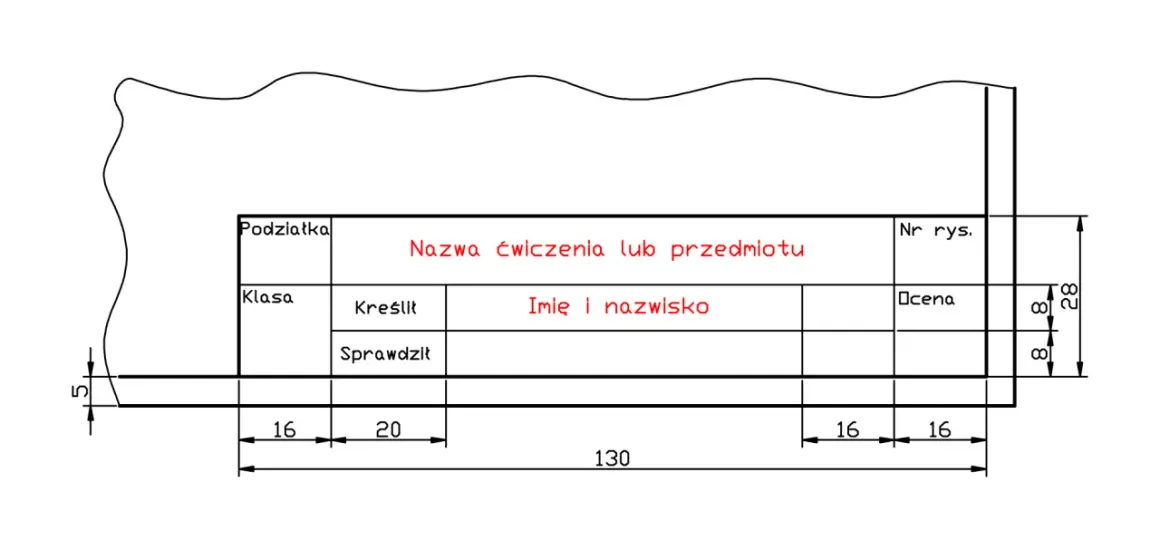 Tabelka do rysunku technicznego z polami: Podziałka, Klasa, Kreślił, Sprawdził, Nazwa ćwiczenia lub przedmiotu, Imię i nazwisko, Nr rys., Ocena.