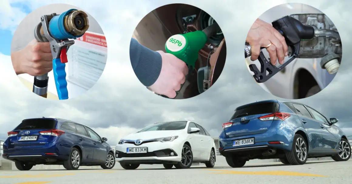 Trzy sceny tankowania samochodów: gazu, benzyny 95 oktanów i nieznanego paliwa. Na dole trzy Toyoty Auris. Na to diesel czy benzyna?