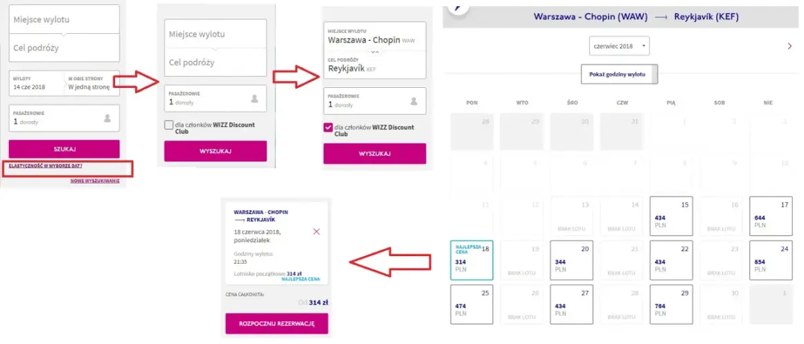 Zrzut ekranu z procesu rezerwacji lotów Wizz Air, pokazujący wybór daty i ceny.