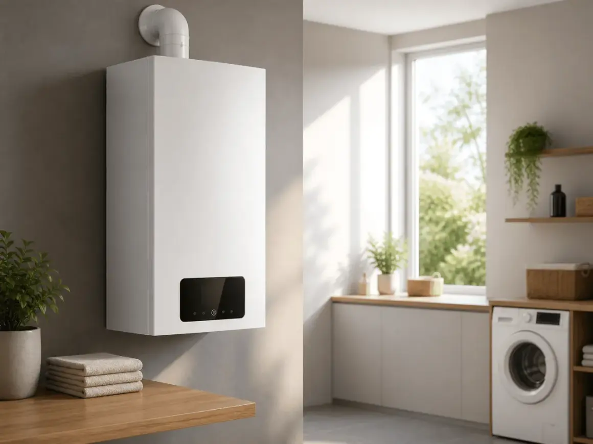 Caldaia a condensazione moderna, efficiente e compatta, installata in un ambiente luminoso con lavatrice e finestra.