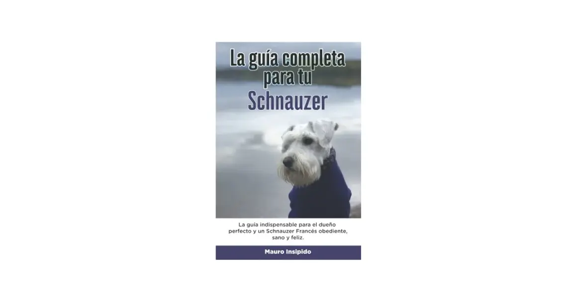 Un schnauzer mediano con un abrigo azul, posando para la portada de un libro sobre cómo ser un dueño perfecto.