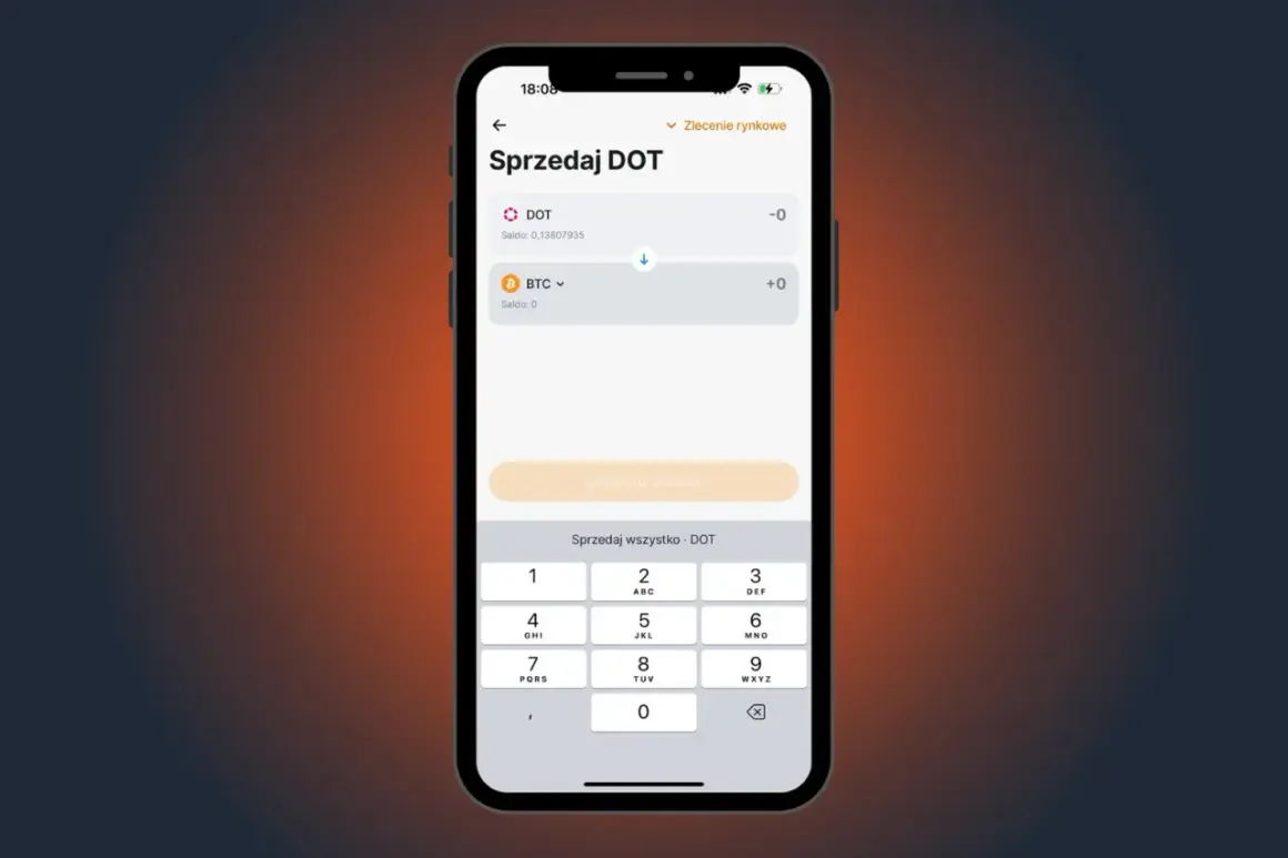 Aplikacja Revolut pokazuje ekran sprzedaży DOT. Użytkownik wpisuje kwotę, by wypłacić kryptowaluty.