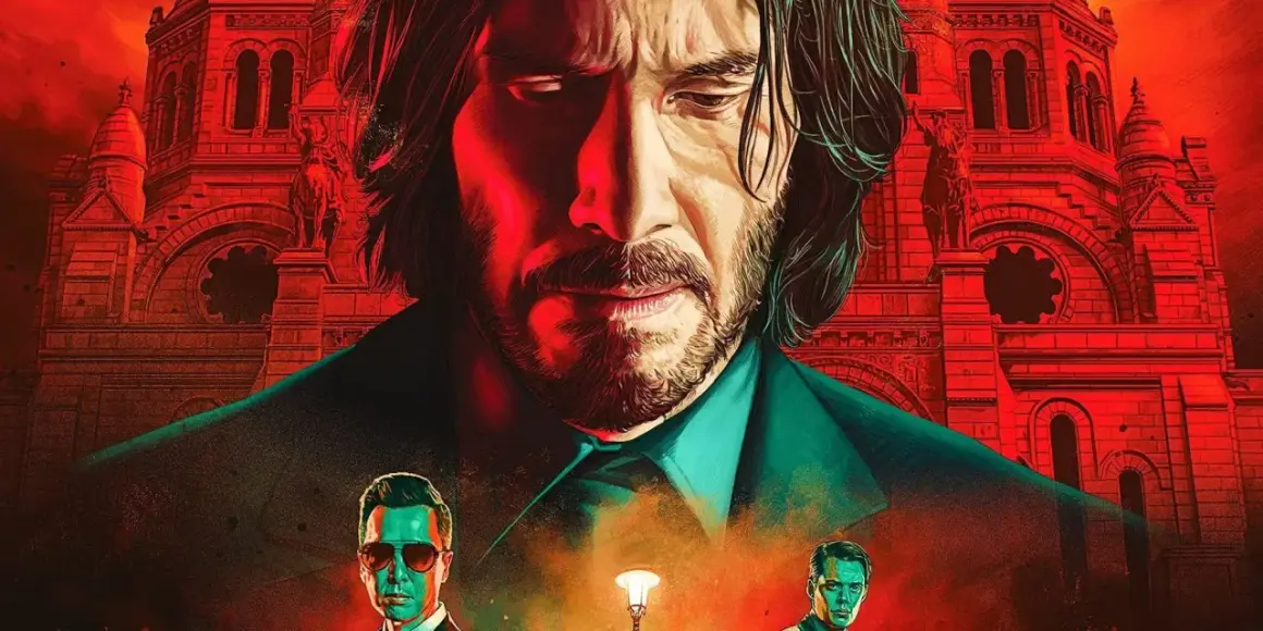 John Wick w czerwonej poświacie, zamyślony, na tle czerwonej budowli. Czy John Wick umiera?
