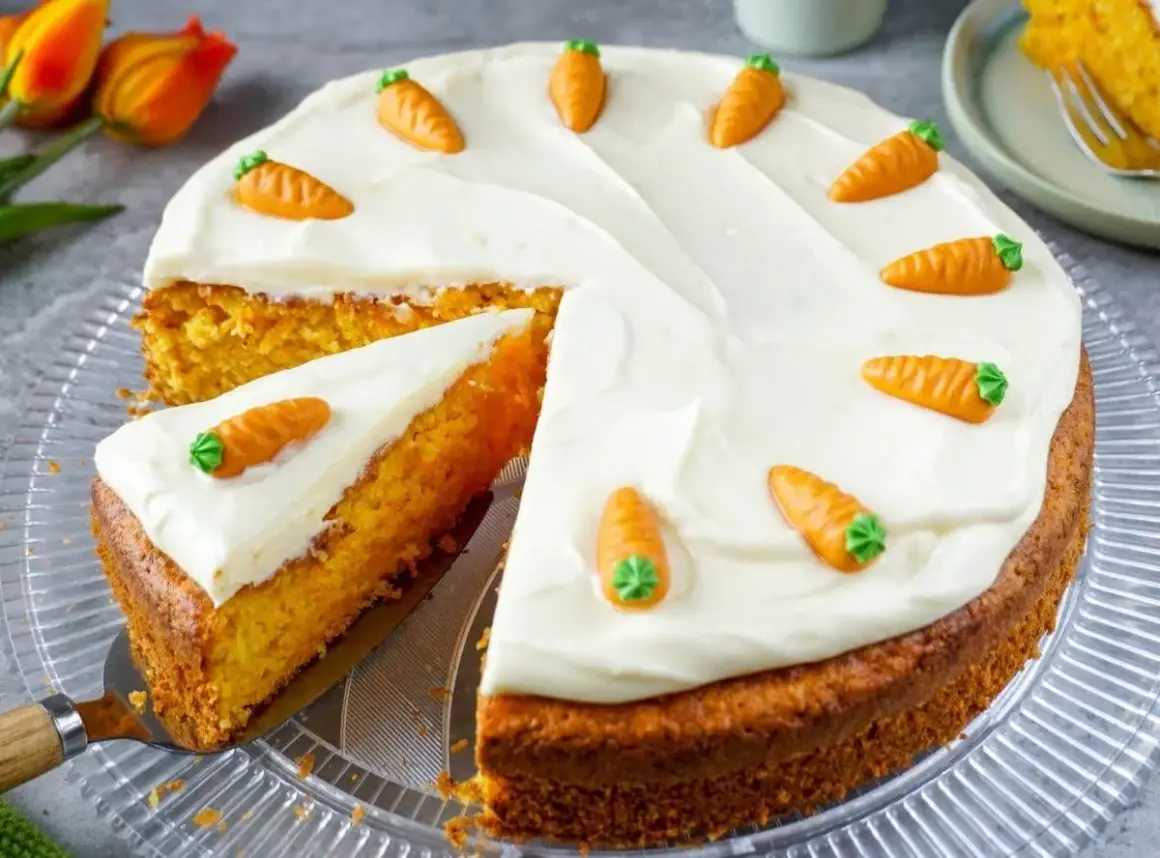 Ein saftiger Karottenkuchen mit cremigem Frosting, dekoriert mit kleinen Marzipan-Karotten. Perfekt für ein leckeres karottenkuchen rezept.