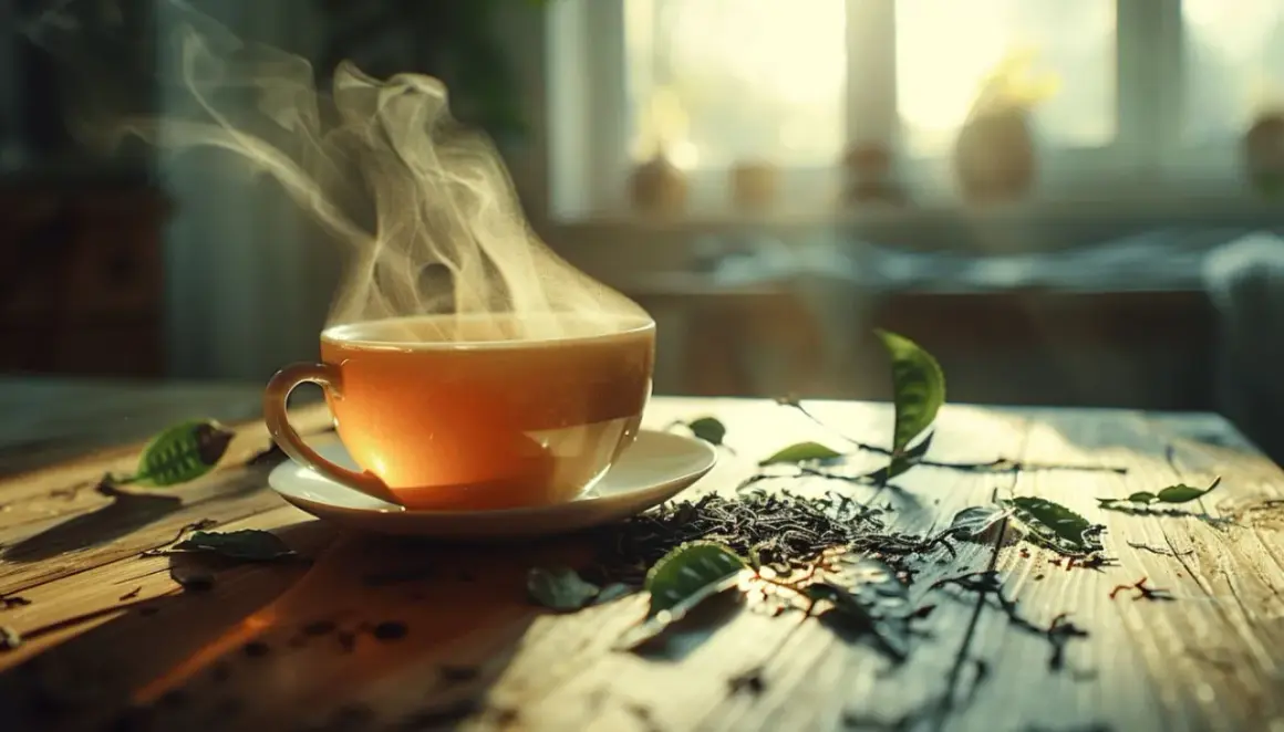 Une tasse de thé fumante, probablement du earl grey, sur une table en bois, entourée de feuilles de thé et de lumière douce.