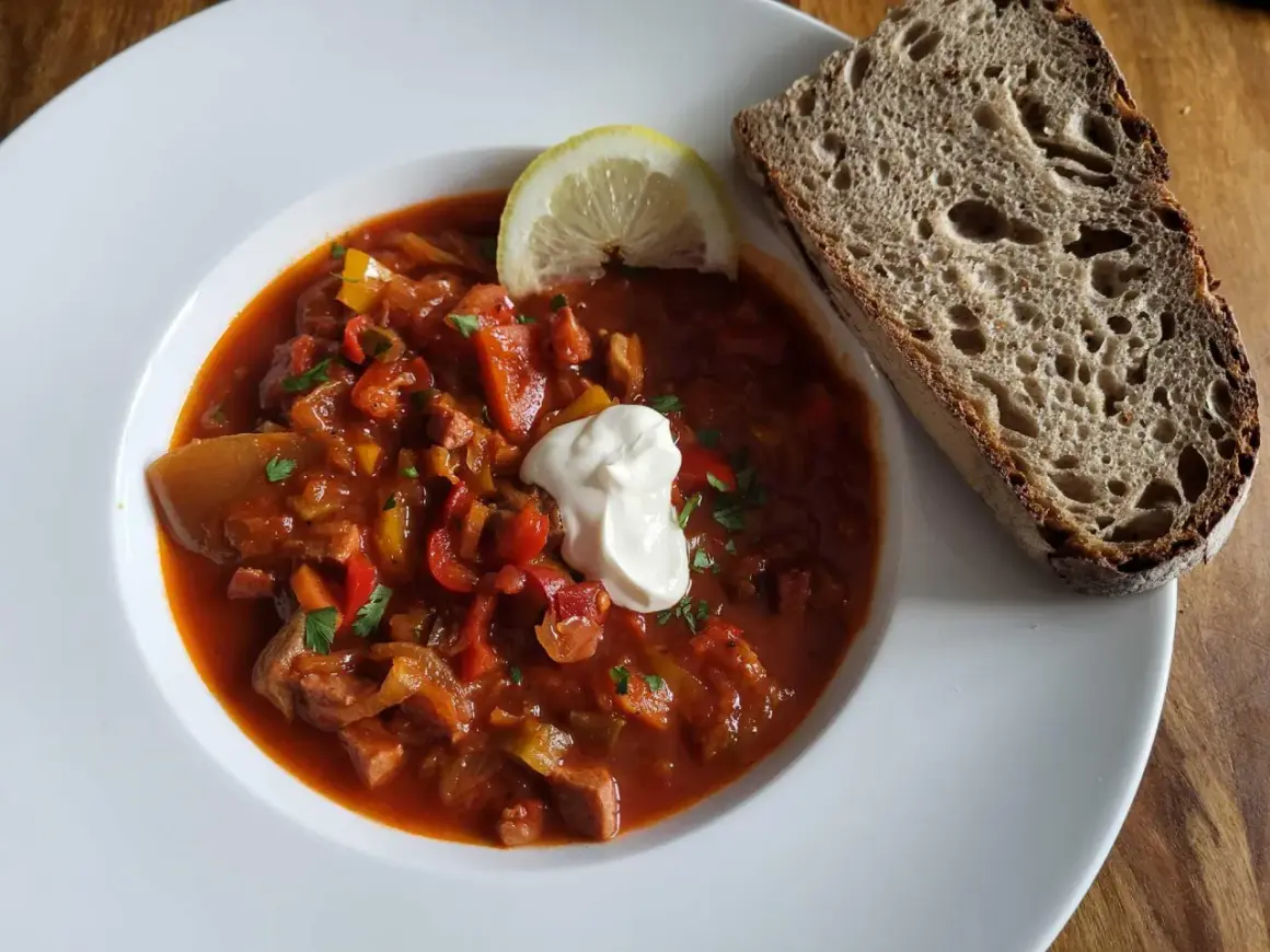 Herzhafte Soljanka, ein DDR-Rezept, mit saurer Sahne, Zitrone und Brot.