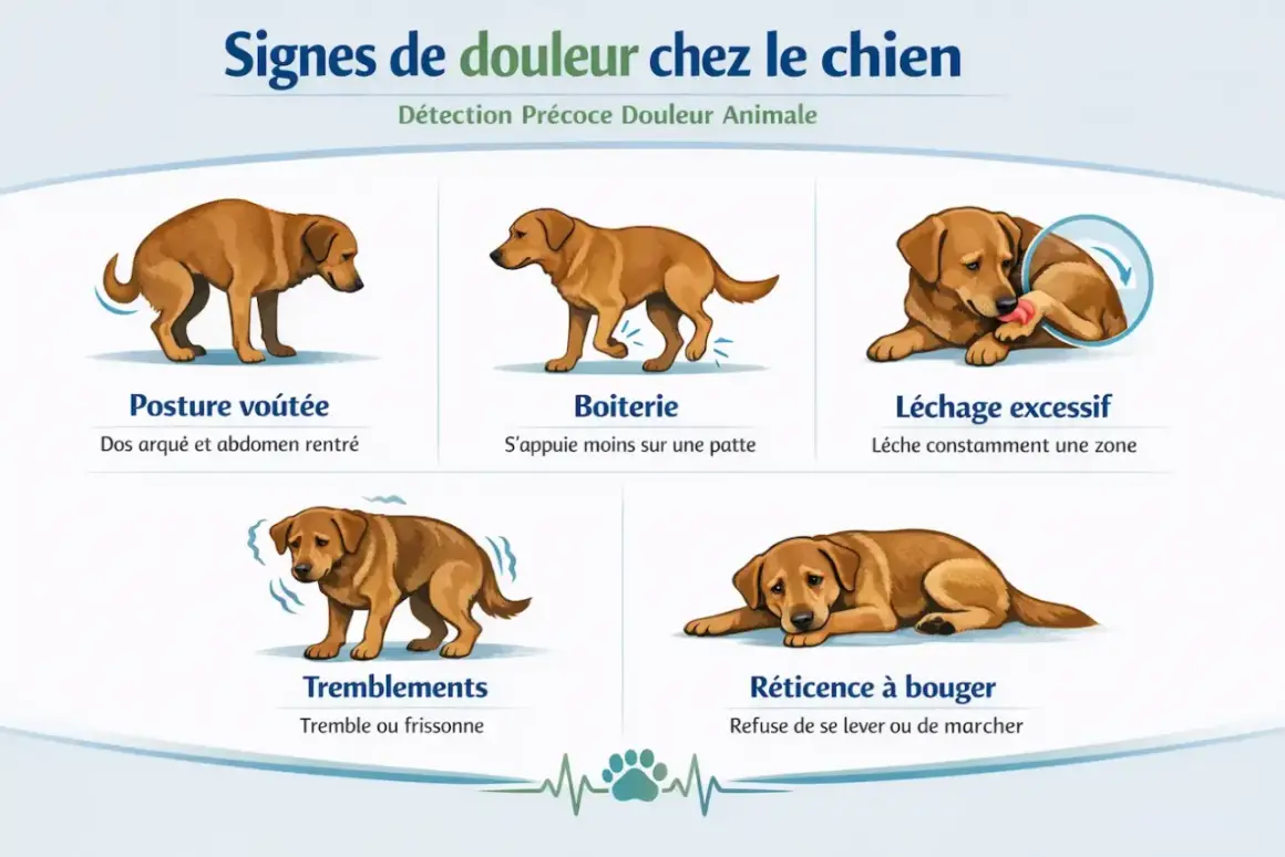 Mon chien a du mal à marcher, il boite et refuse de bouger. L'image montre les signes de douleur chez le chien : posture voûtée, boiterie, léchage excessif, tremblements et réticence à bouger.