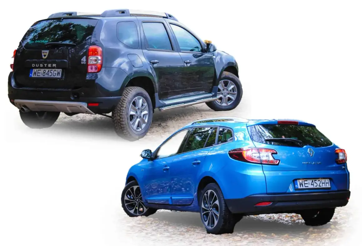 Dwa samochody z grupy Renault: czarny Dacia Duster 4x4 i niebieski Renault Megane kombi.