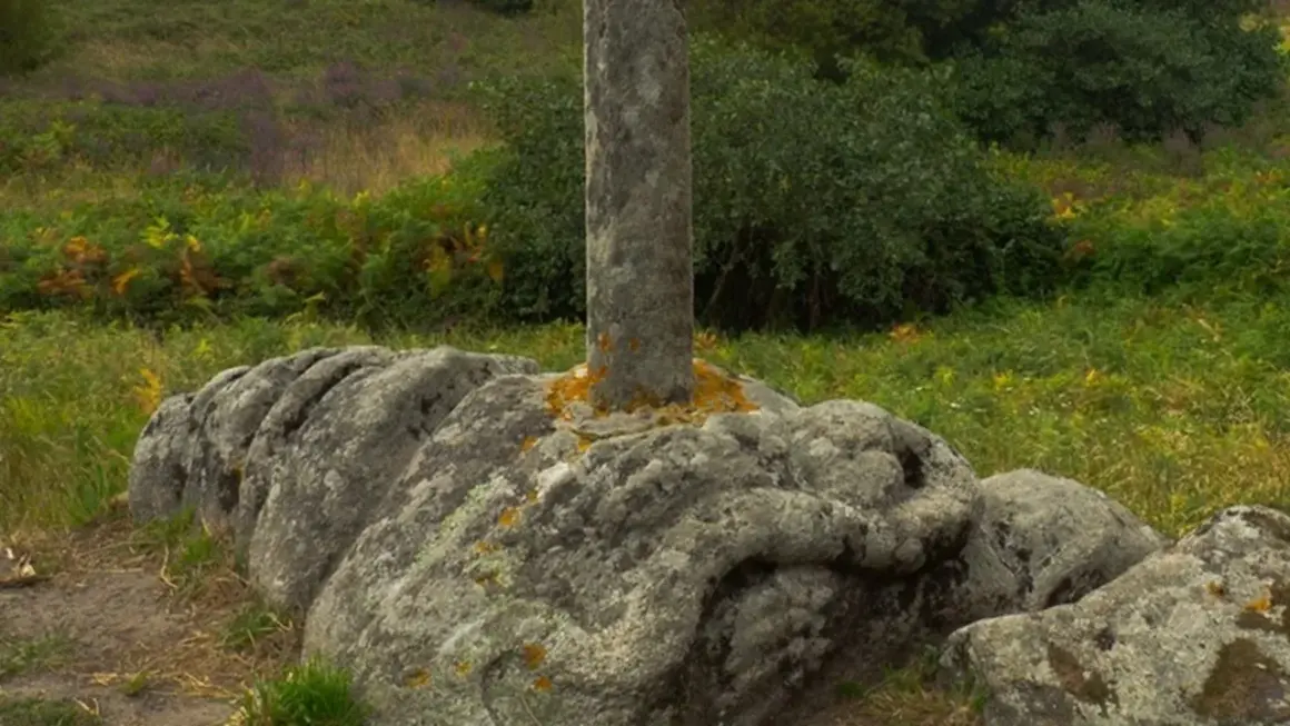 Pedra da serpe, un cruceiro de pedra incrustado nunha rocha con forma de serpe, rodeado de vexetación verde e púrpura.