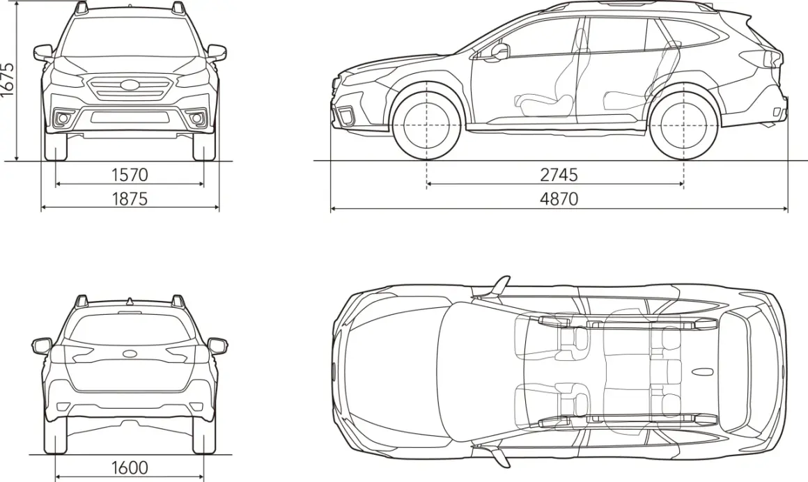 Rysunki techniczne Subaru Outback z wymiarami: wysokość 1675 mm, szerokość 1875 mm, długość 4870 mm, rozstaw osi 2745 mm, szerokość tyłu 1600 mm.