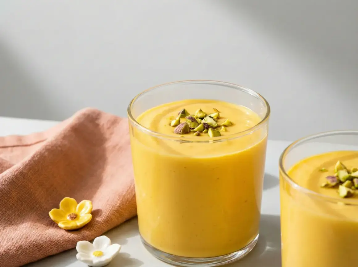 Två glas med krämig mango lassi, toppad med hackade pistagenötter. Ett perfekt recept för en svalkande dryck.