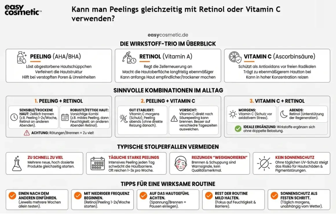 Kombination von Vitamin C und Retinol: Die Grafik zeigt, wie man diese Wirkstoffe sinnvoll in die Hautpflege integriert, um die Haut zu regenerieren und zu schützen.