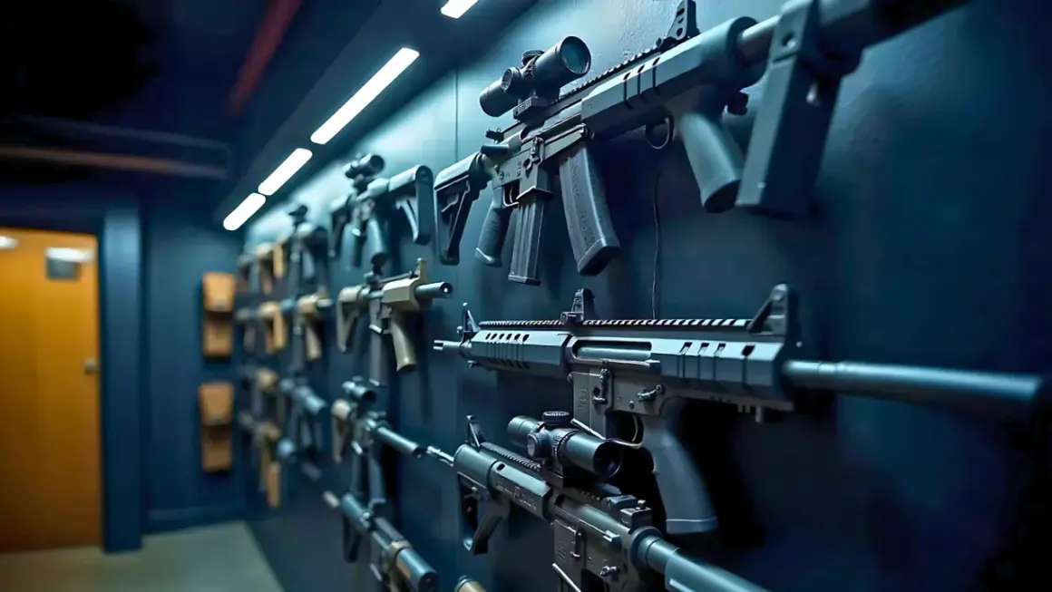 Pared oscura con varias réplicas de armas de airsoft, algunas con miras telescópicas. Un pasillo con puerta naranja al fondo.