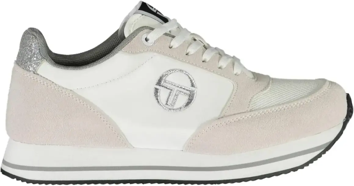 Sneaker Sergio Tacchini donna in camoscio e pelle bianca, con logo argentato e dettagli glitter sul tallone. Perfetta per un look casual chic.