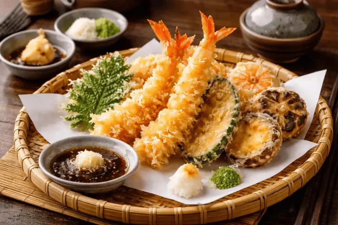 Krispig tempura med räkor, grönsaker och svamp, perfekt täckt av gyllene tempura smet. Serveras med dippsås och tillbehör.