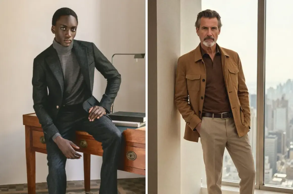 Deux hommes incarnent le style casual chic. L'un porte un costume gris anthracite avec un col roulé, l'autre une veste saharienne marron sur un polo.