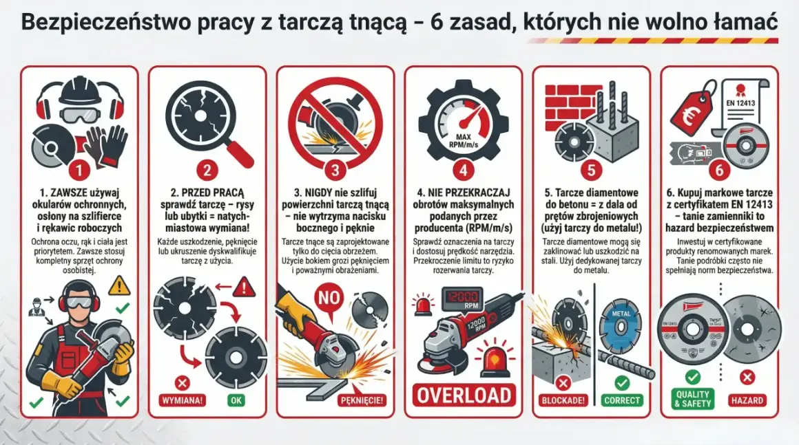 Grafika przedstawia 6 zasad bezpiecznej pracy z tarczą tnącą. Pokazuje m.in. konieczność używania okularów, sprawdzania stanu tarczy, unikania szlifowania nią, przestrzegania obrotów, używania odpowiedniej tarczy do materiału i kupowania certyfikowanyc...