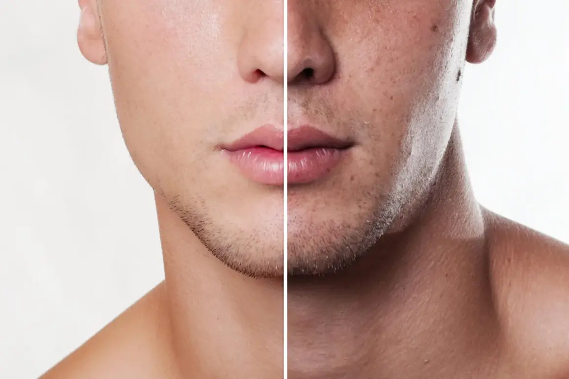 Przed i po zabiegu: gładka skóra po lewej, z widocznymi bliznami potrądzikowymi po prawej. Sprawdź laserowe usuwanie blizn potrądzikowych cena.