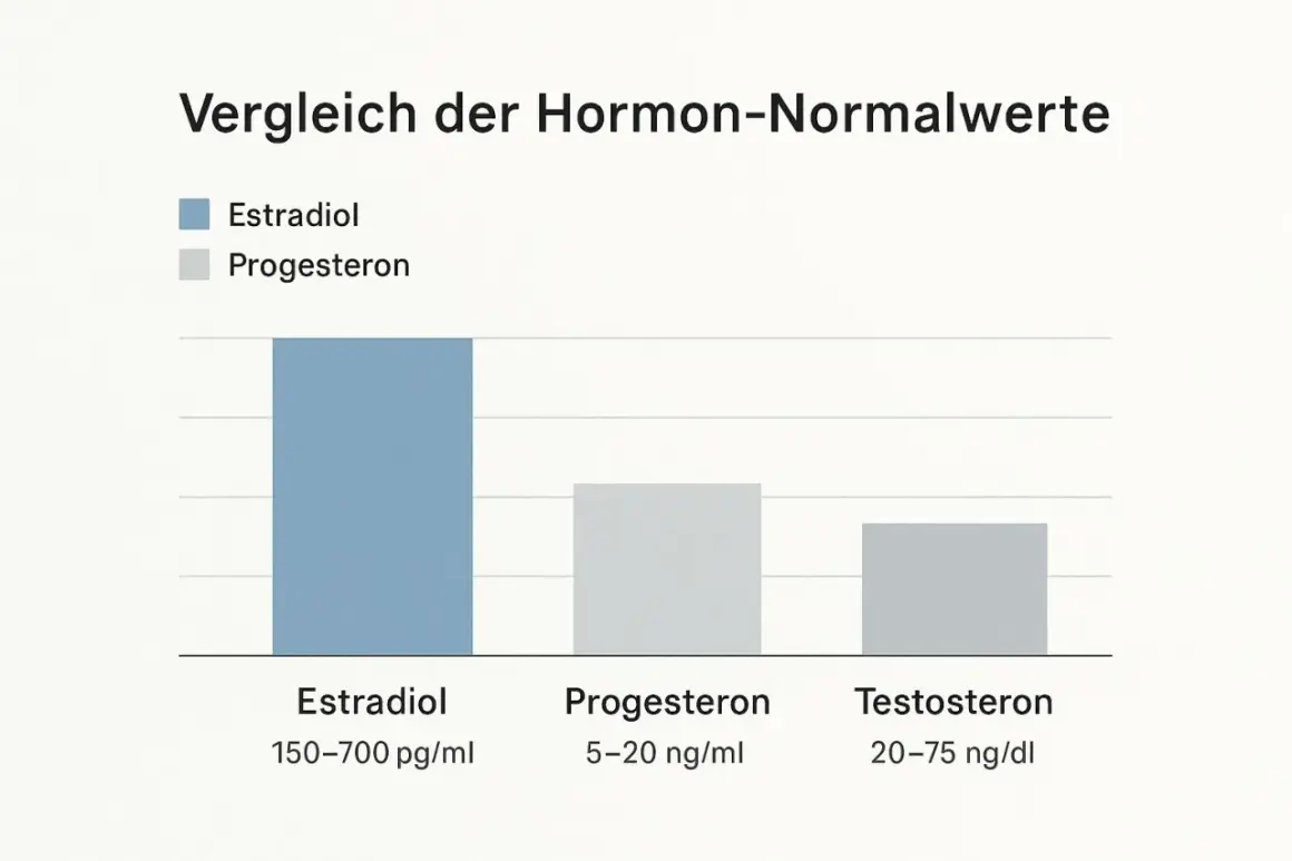 Wykres porównuje poziomy hormonów: estradiol (150-700 pg/ml), progesteron (5-20 ng/ml) i testosteron (20-75 ng/dl).
