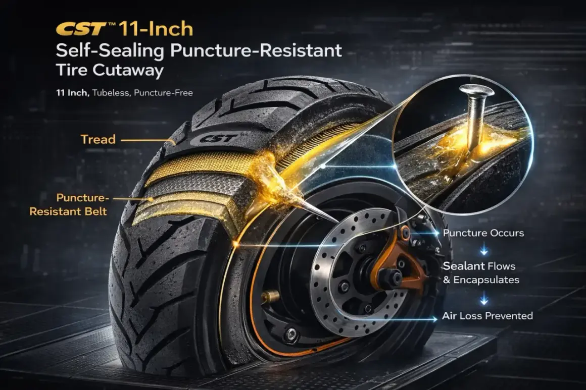 Coupe d'un pneu tubeless voiture CST 11 pouces auto-réparant. Un clou perce le pneu, le liquide scelle la crevaison.