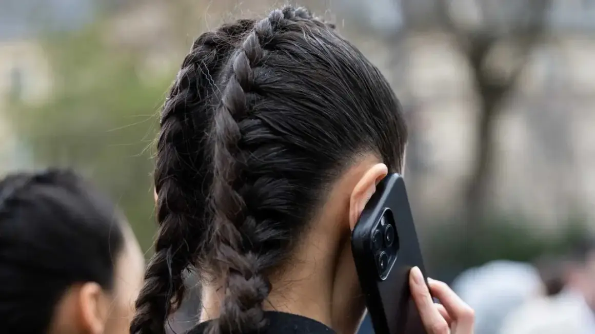 Zwei geflochtene Zöpfe, die wie ein Pferdeschwanz aussehen, sind im Bild zu sehen. Diese pferdeschwanz zopf frisuren sind sehr praktisch.