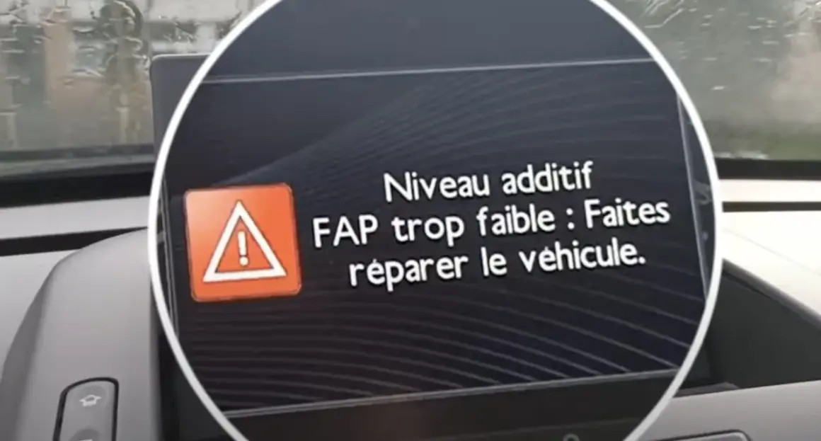Alerte sur l'écran : niveau additif FAP trop faible. Le véhicule nécessite une réparation.