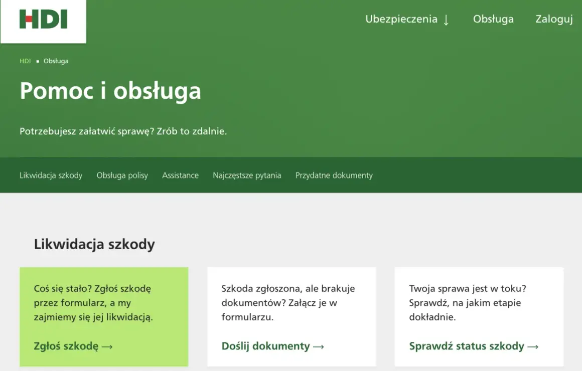 HDI: pomoc i obsługa. Zgłoś szkodę, doślij dokumenty lub sprawdź status swojej sprawy.