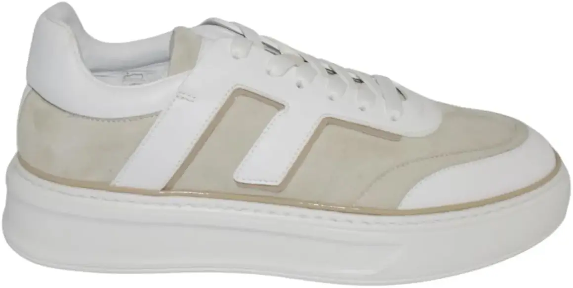 Sneakers uomo FABI bianche e beige in pelle e camoscio, con logo a H. Stile casual ed elegante.